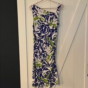 Tommy Bahama One-Shoulder Blue, White & Green Floral Dress. Size L Flattering!💙💚